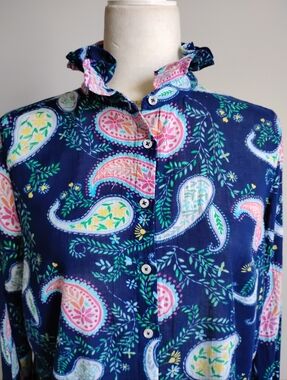 Talbots Button Up Shirt Upcycled Ruffle Collar Colorful Bright Sz Petite Lg